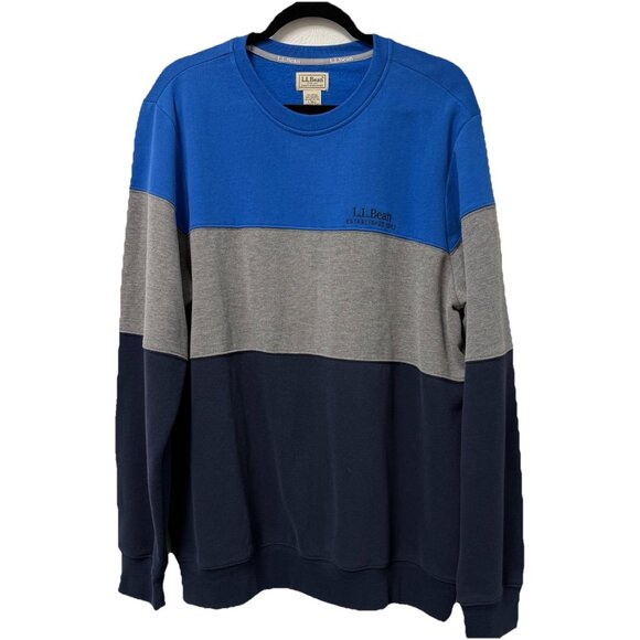 LL BEAN FLEECE SWEATER CREW NECK COLORBLOCK MENS L TALL BLUE GRAY FALL WINTER - Picture 1 of 8